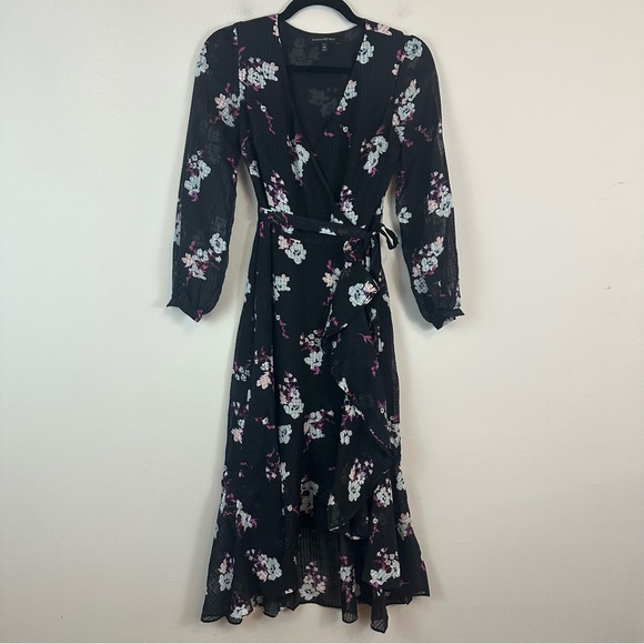 Banana Republic | Black Faux Wrap Floral Ruffle Maxi Dress Size 00 Petite - Picture 3 of 9